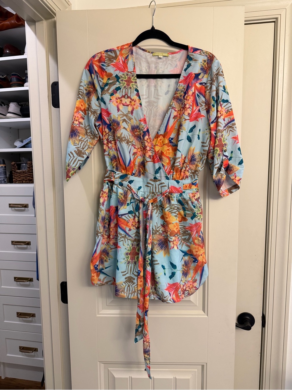 Floral Wrap Romper in Light Blue with Orange Accents size M